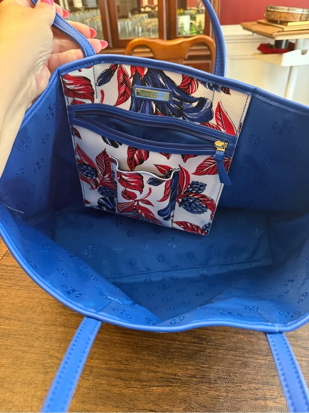 Tory Burch Red & Blue Floral Canvas Tote